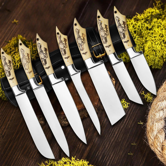 Custom Handmade 7 Piece Handmade J2 Steel Knives Chef Set, Kitchen knives set, Steel knife set with leather Sheath Custom Beautiful Handle - Damascus Kings