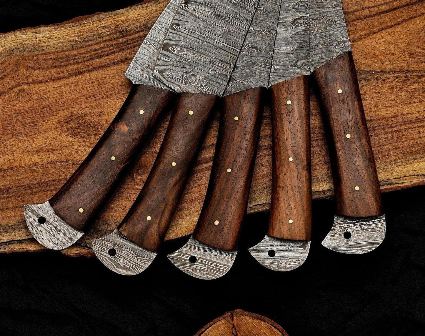The Black Rose presents the Damascus 5-Piece Chef Knife Set with Leather Roll. Personalized Damascus Steel Chef Set, Hand Forged - Damascus Kings