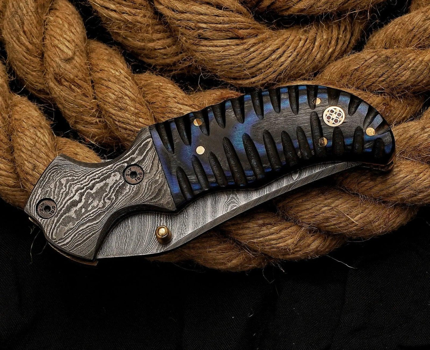 Custom handmade Damascus Steel Pocket Knife-Damascus Exotic Wood Mosaic Pin & Damascus Bolster - Damascus Kings