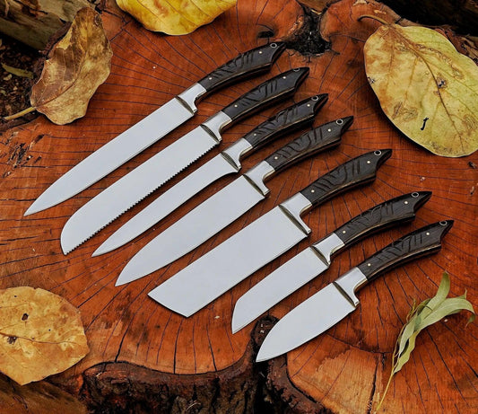 7-Piece Hand-Made J2 Steel Knives Chef Set, Kitchen Knives Set, Steel Knife Set with Leather Sheath Custom Beautiful Handle - Damascus Kings