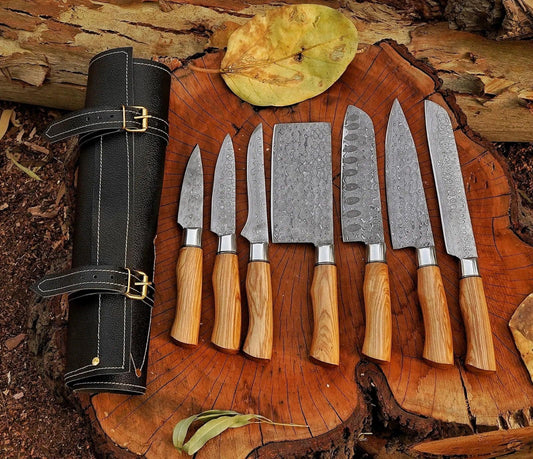7 Piece Handmade Damascus Knives Chef Set, Kitchen knives set, Steel knife set with leather Sheath Custom Beautiful Handle - Damascus Kings