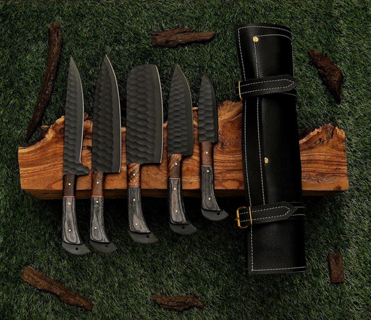 Custom Hand Made Forged 5 Piece Handmade Damascus Knives Chef Set, Kitchen Knives Set, Steel Knife Set with Leather Sheath - Damascus Kings