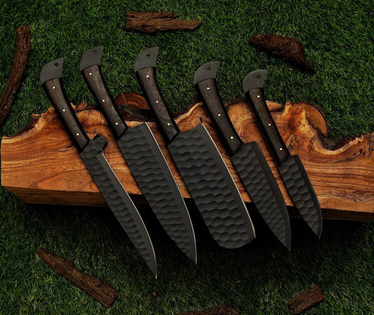 5 Piece Handmade Damascus Knives Chef Set, Kitchen Knives Set, Steel Knife Set with Leather Sheath - Damascus Kings