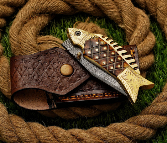 Custom Handmade Damascus Fish Pocket Knife Damascus Folding Knife Camel Bone , Brass Pin & Brass Pommel Handle - Engraved Brass Bolster Exquisite Artistry - Damascus Kings