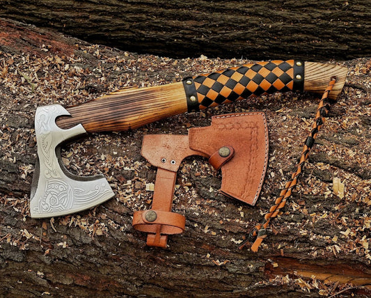 18" Small Forged Carbon Steel Axe with Ash Wood Shaft - Damascus Kings