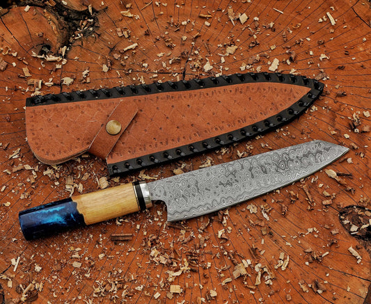 13" Handmade Damascus Steel Chef Knife Resin & Wood Handle Steel Bolster - Damascus Kings