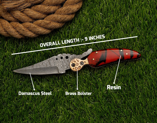 Custom Hand Forged Damascus Folding Knife Camping folding blade Handcrafted Damascus steel folding Knife with Resin Handle - Damascus Kings