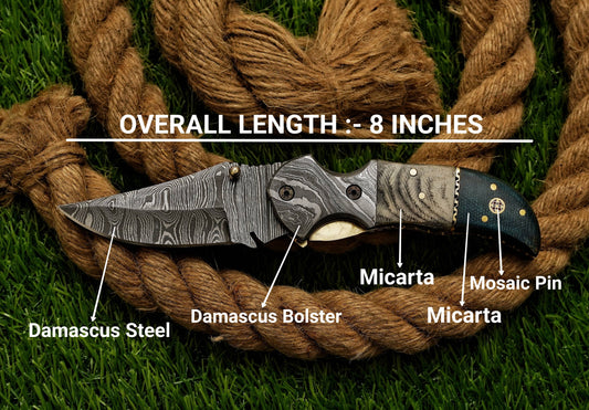 8" Custom handmade Damascus Steel Pocket Knife-Damascus Bolster Folding Knife With Micarta Handle - Damascus Bolster Exquisite Artistry