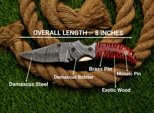 Custom Hand Forged Damascus Folding Knife with Mosaic Pin Exotic Wood Handle - Damascus Bolster Exquisite Artistry - Damascus Kings