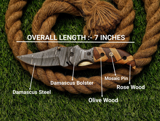 Custom Hand Forged Damascus Folding Knife Mosaic Pin Rose & Olive Wood Handle - Damascus Bolster Exquisite Artistry - Damascus Kings