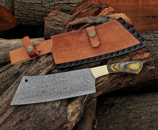Chef cleaver knife Custom handmade Damascus Steel chopper with leather sheath - Damascus Kings