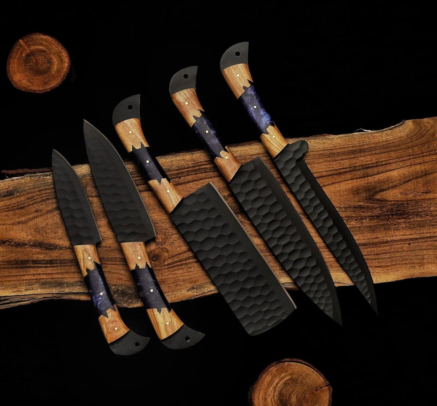 5 Piece Handmade Damascus Knives Chef Set, Kitchen knives set, Steel knife set with leather Sheath - Damascus Kings