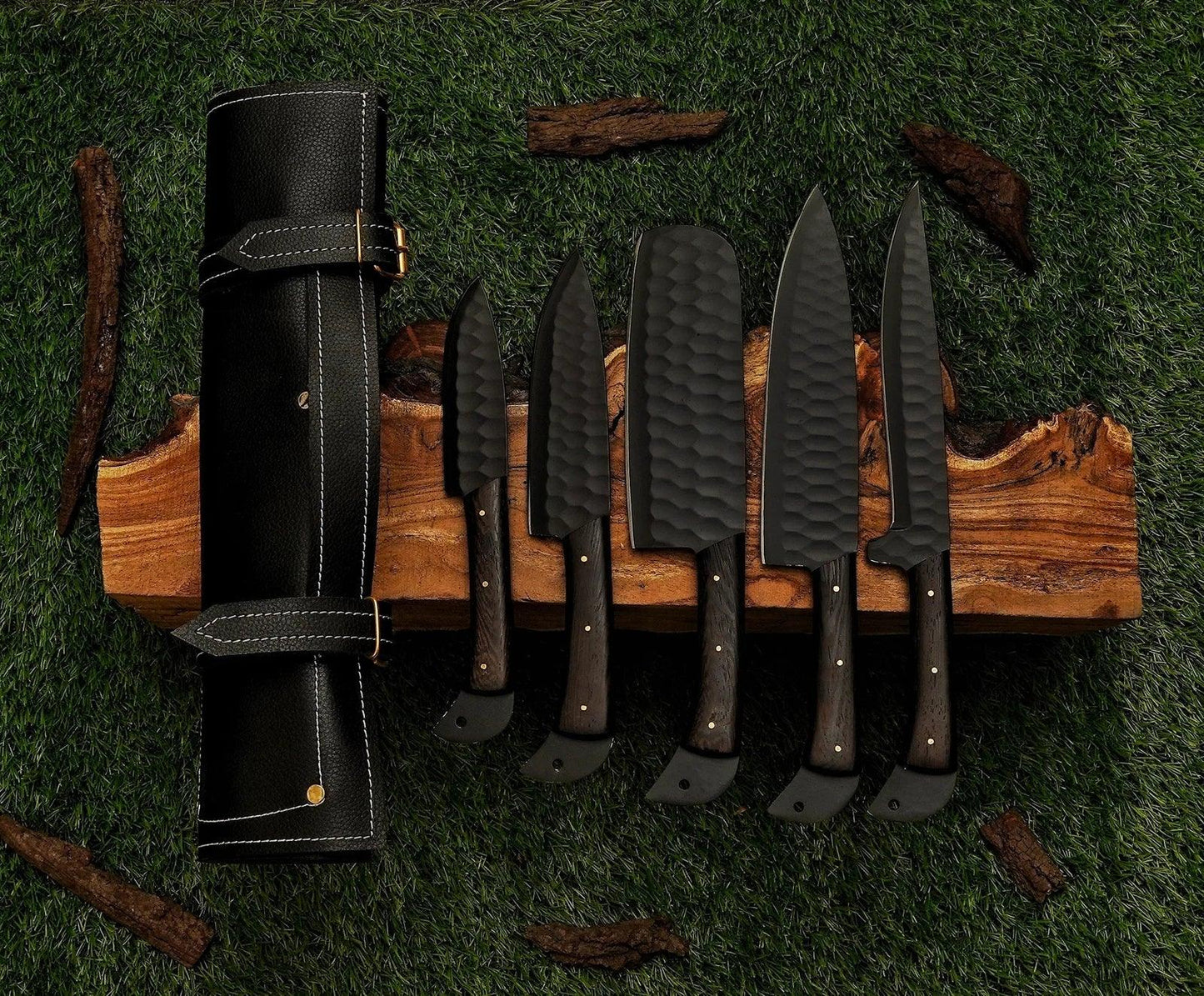 5 Piece Handmade Damascus Knives Chef Set, Kitchen Knives Set, Steel Knife Set with Leather Sheath - Damascus Kings