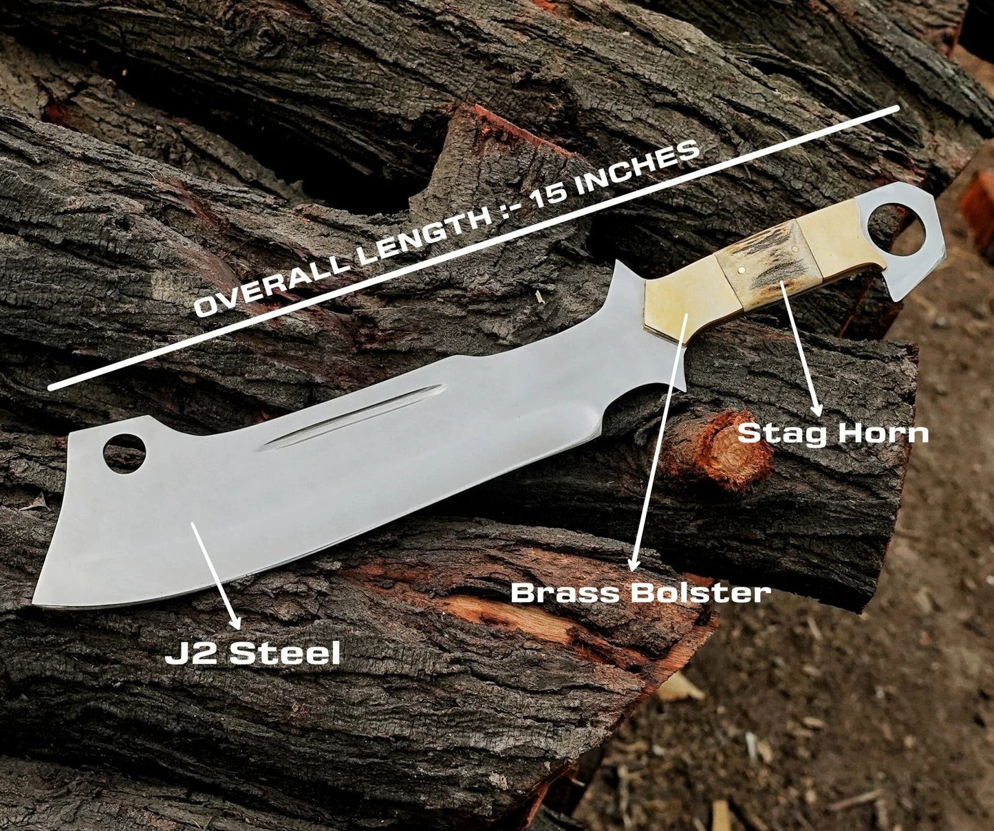 Handcrafted 15" J2 Steel Chopper Knife - Stag Horn & Brass Bolster - Damascus Kings