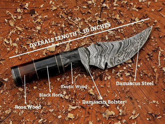 10" Unique Handcrafted Damascus steel Knife with Black Horn - Damascus Kings
