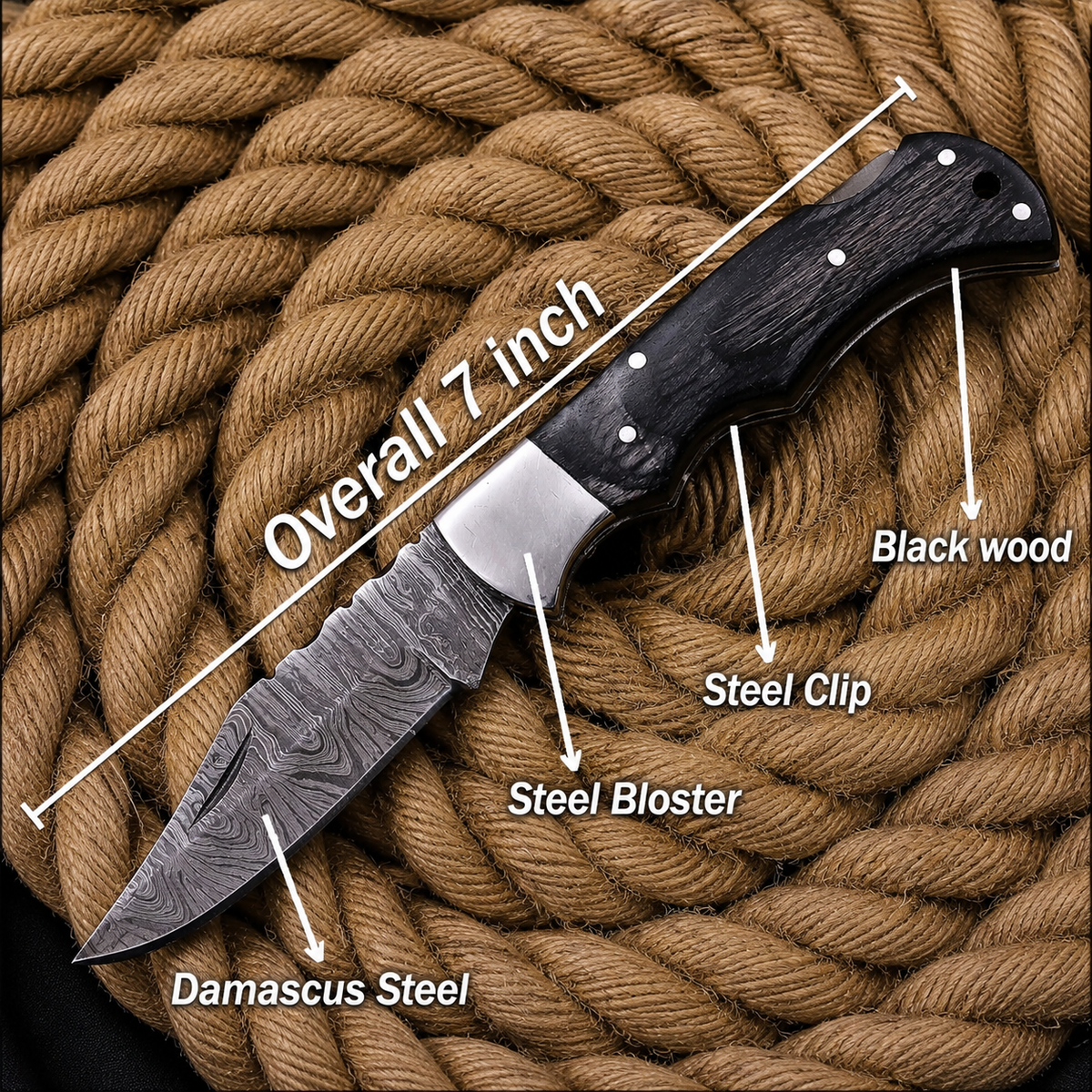 Handmade Damascus Steel Folding Knife | Premium Black Wood Handle