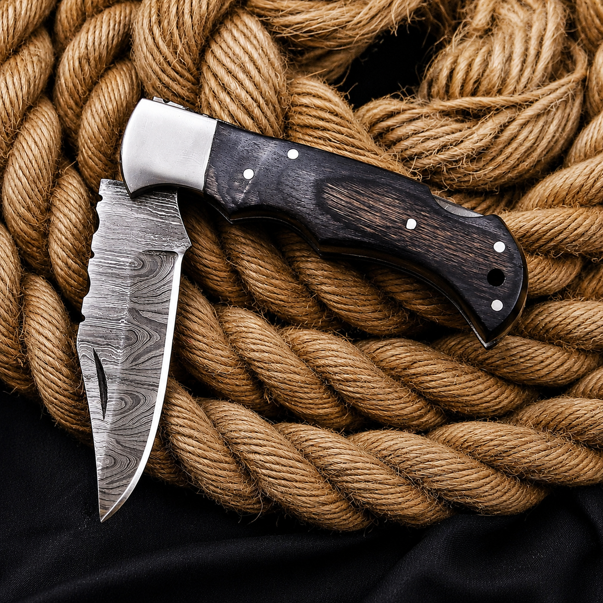 Handmade Damascus Steel Folding Knife | Premium Black Wood Handle