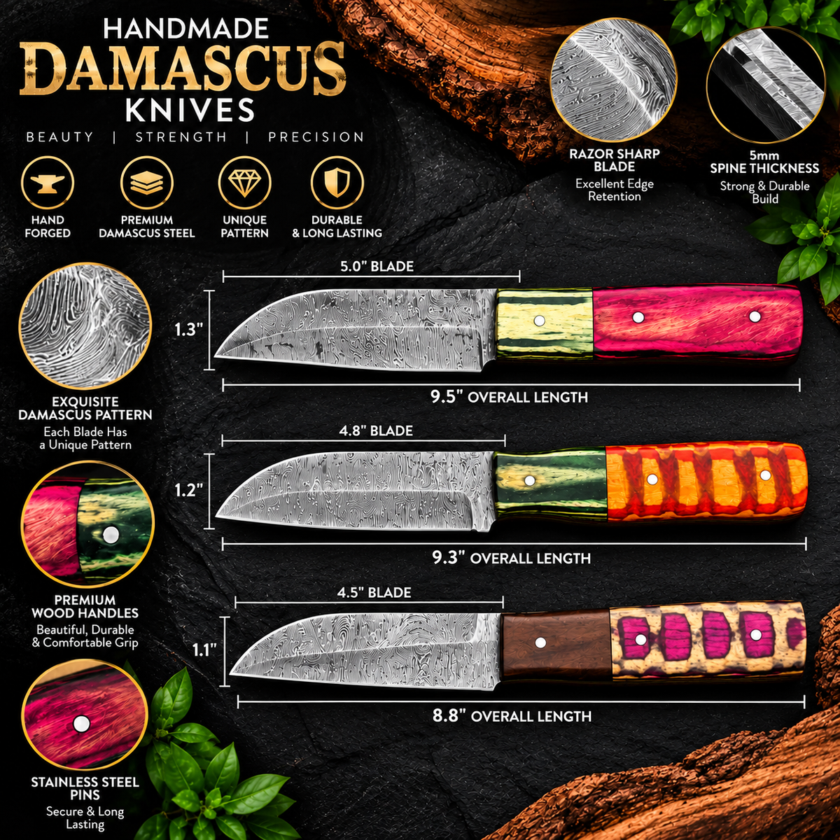 Handmade Damascus Steel Knife Collection Colorful Premium Handle Designs Without Sheath