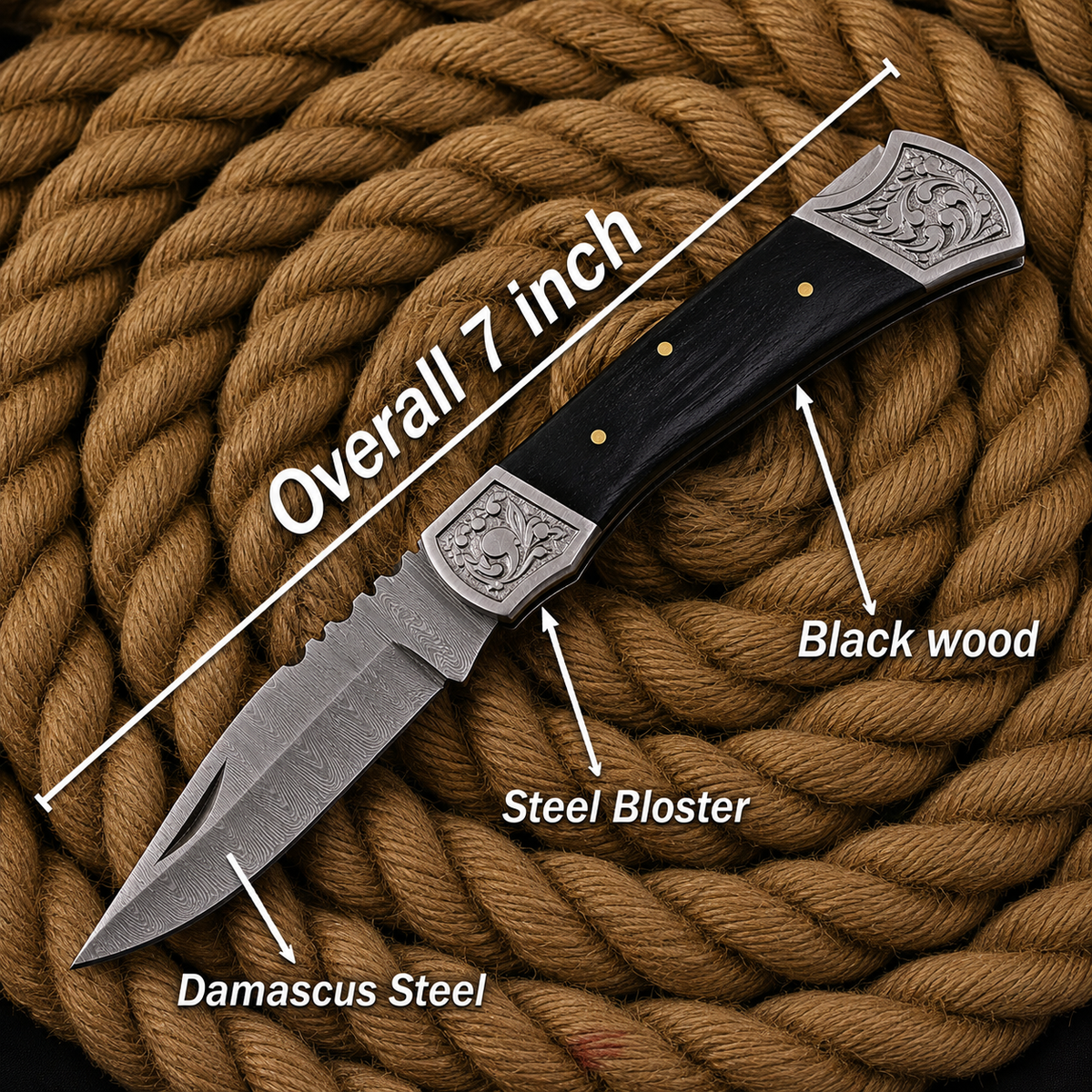 Handmade Damascus Steel Folding Knife | Black Wood Handle & Engraved Bolsters