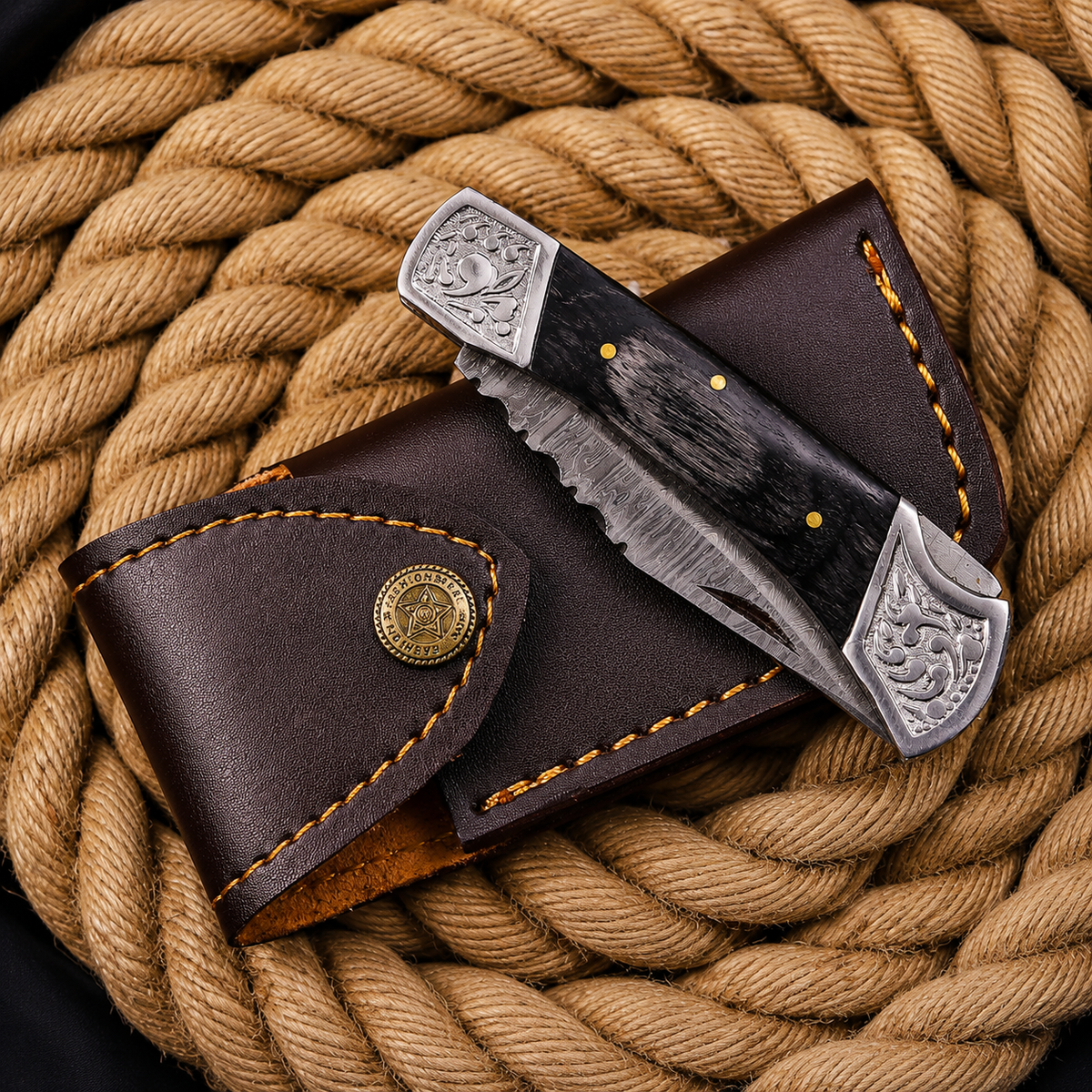 Handmade Damascus Steel Folding Knife | Black Wood Handle & Engraved Bolsters