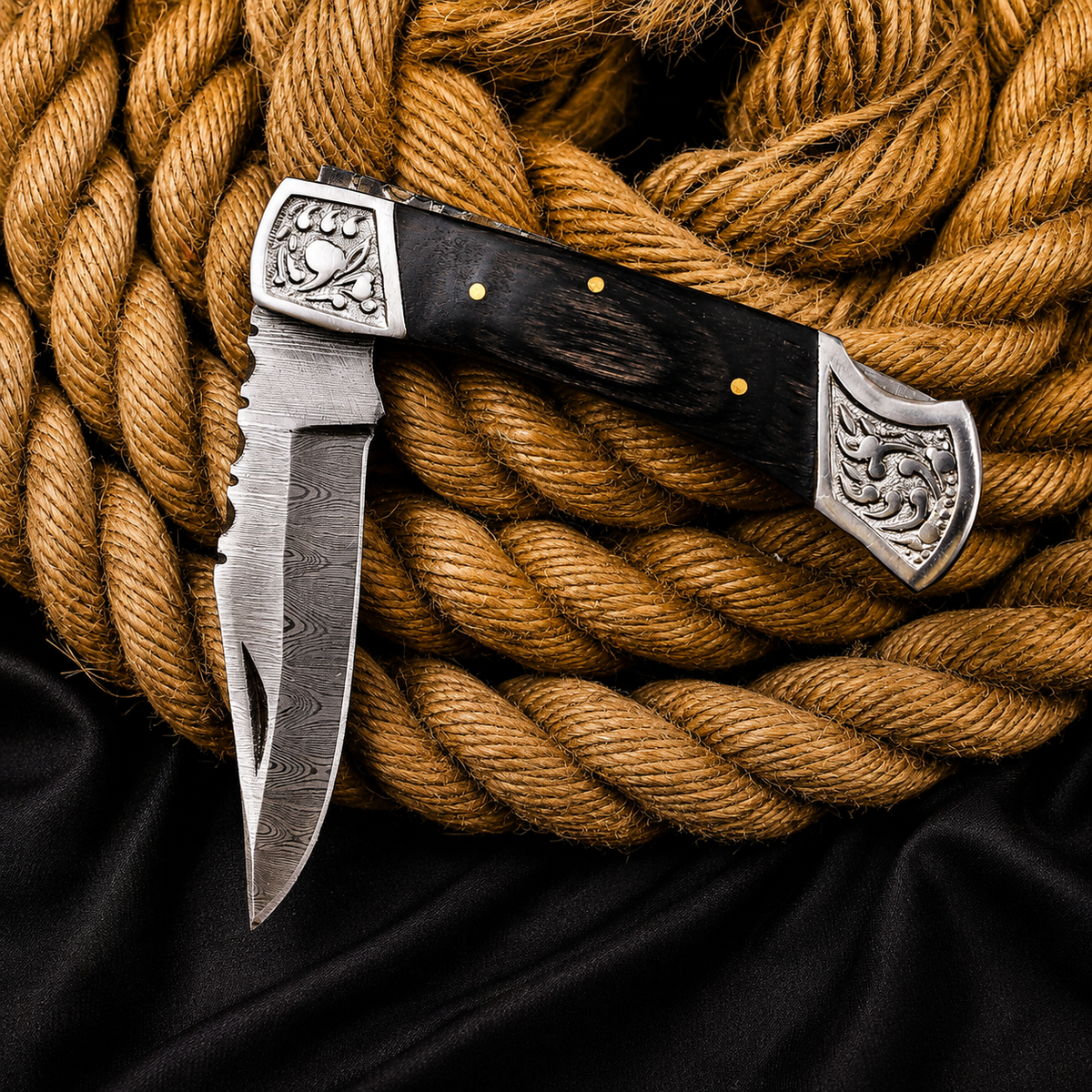 Handmade Damascus Steel Folding Knife Black Wood Handle & Engraved Bolsters