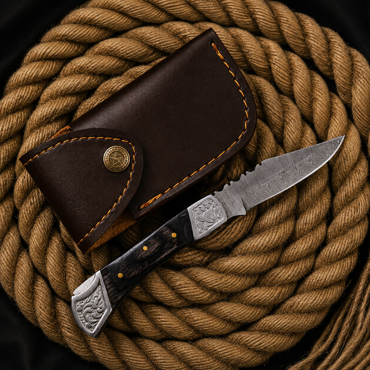 Handmade Damascus Steel Folding Knife | Black Wood Handle & Engraved Bolsters