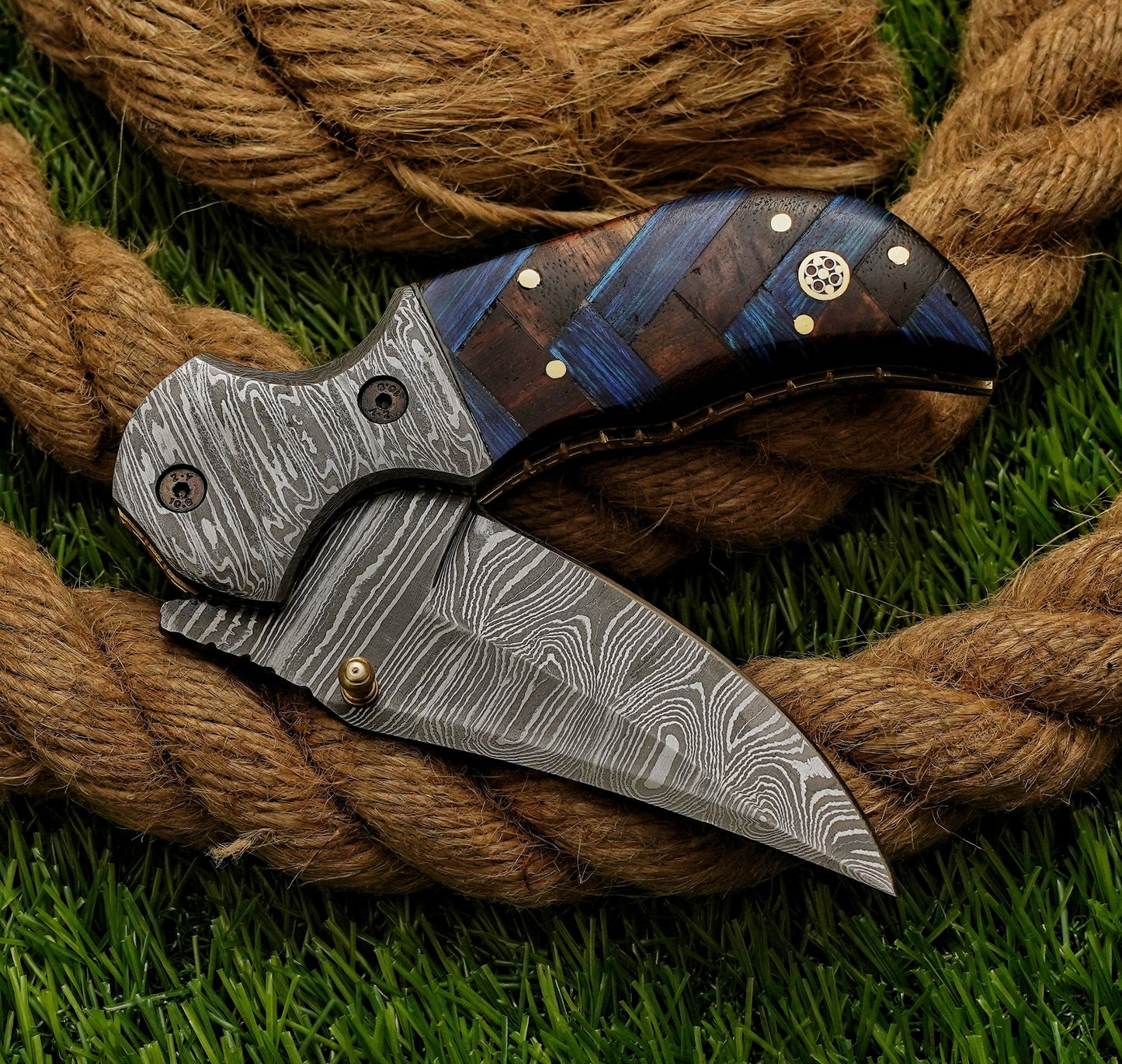 Custom Hand Forged Damascus Folding Knife Mosaic Pin Exotic Wood Handle - Damascus Bolster Exquisite Artistry - Damascus Kings