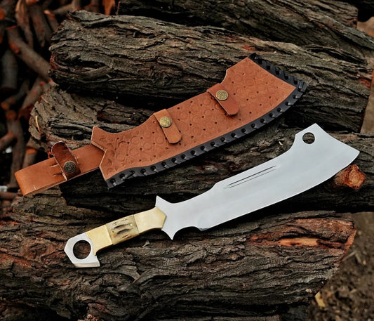 Handcrafted 15" J2 Steel Chopper Knife - Stag Horn & Brass Bolster - Damascus Kings