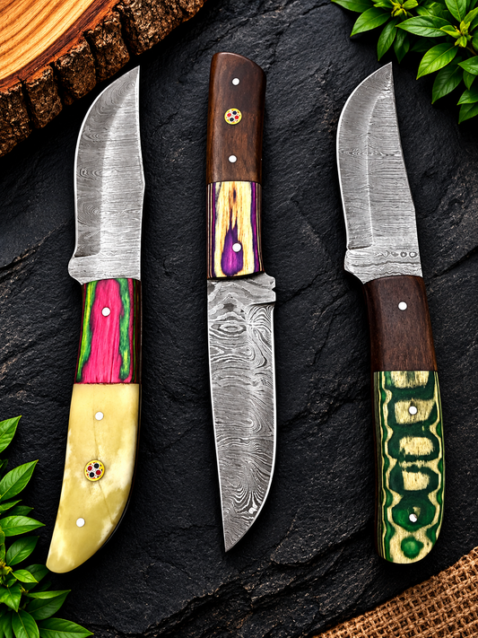 3-Piece Damascus Knife Set with Multicolor Handles
