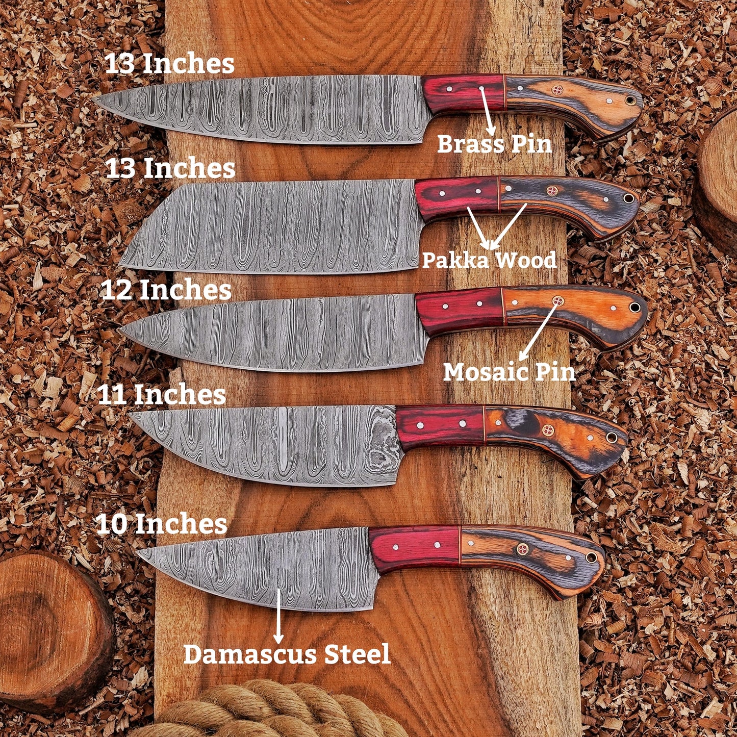 Handmade Chef Set, 5 Piece Damascus Steel Chef Knife Set, Kitchen Knife Set with Leather Cover