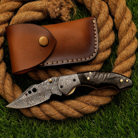 Damascus Steel Folding Pocket Knife – Stag Horn Bone Handle, Damascus Bolster Brass Pin on handle with Leather Sheath