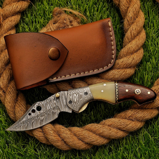 Handmade Damascus Steel Pocket Knife - Folding Knife - Outdoor Camping Hunting Survival Knife EDC