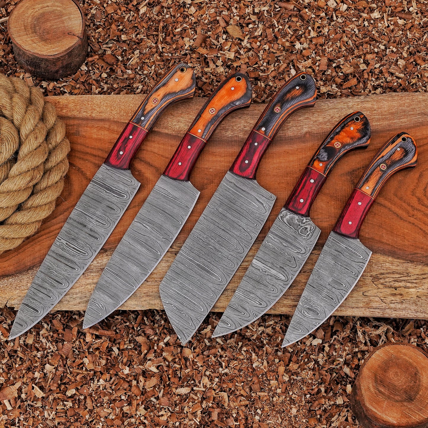 Handmade Chef Set, 5 Piece Damascus Steel Chef Knife Set, Kitchen Knife Set with Leather Cover