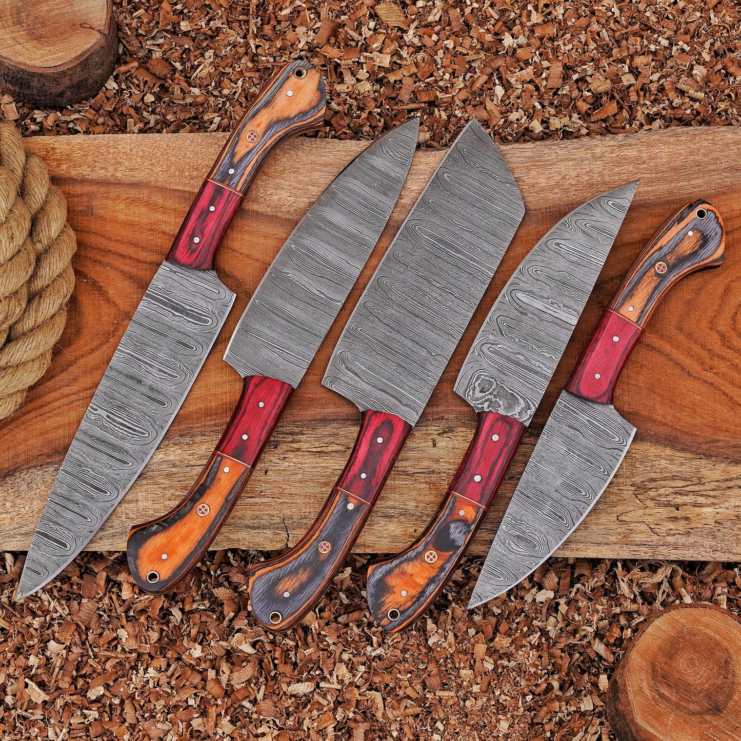 Handmade Chef Set, 5 Piece Damascus Steel Chef Knife Set, Kitchen Knife Set with Leather Cover