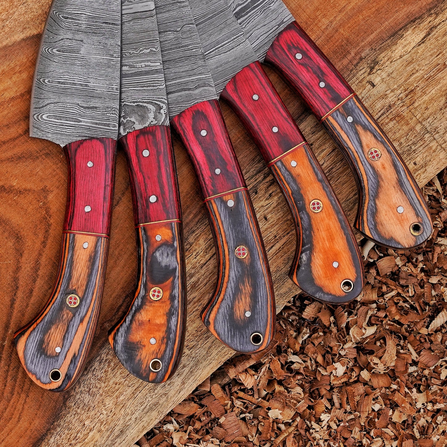 Handmade Chef Set, 5 Piece Damascus Steel Chef Knife Set, Kitchen Knife Set with Leather Cover
