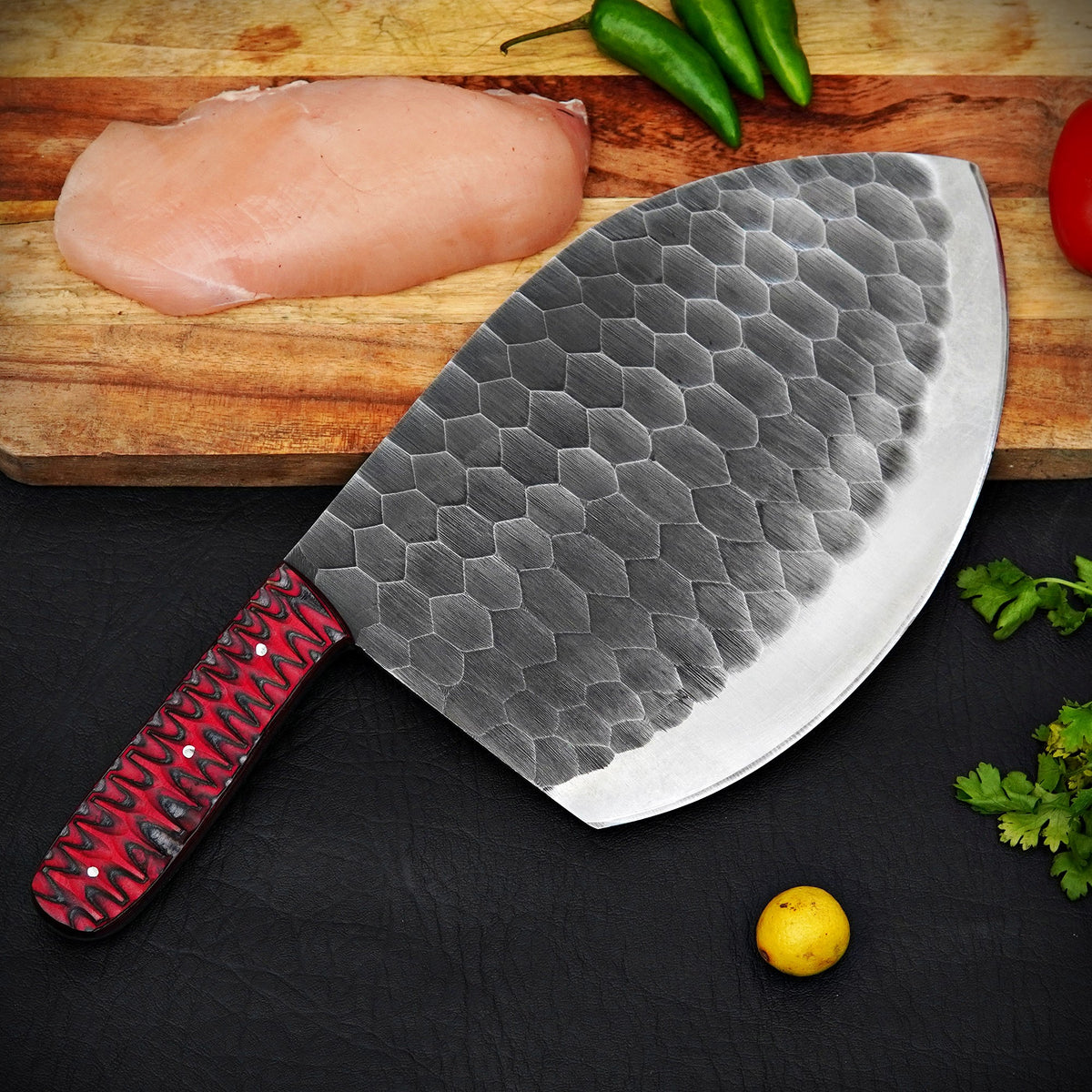Handmade Damascus Steel Meat Cleaver Red Pattern Handle with Leather Sheath