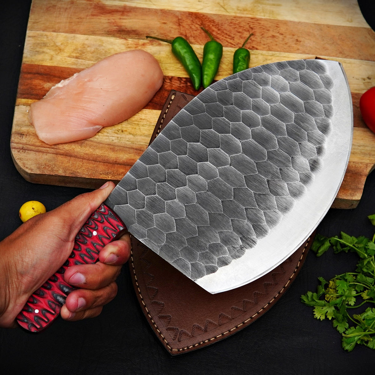 Handmade Damascus Steel Meat Cleaver Red Pattern Handle with Leather Sheath