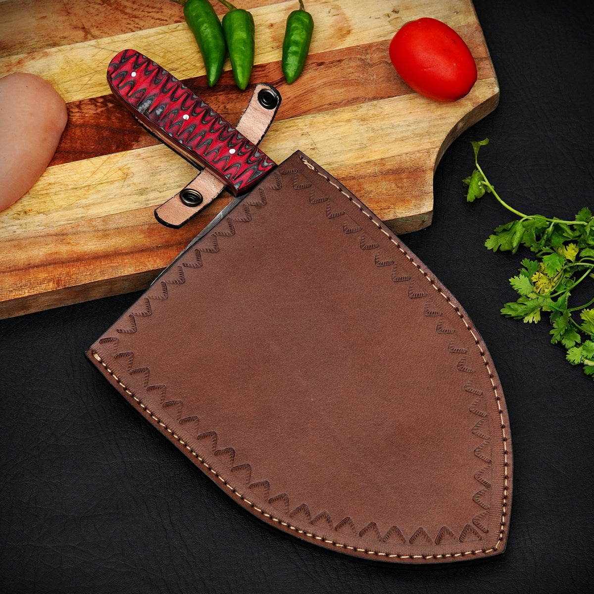 Handmade Damascus Steel Meat Cleaver Red Pattern Handle with Leather Sheath