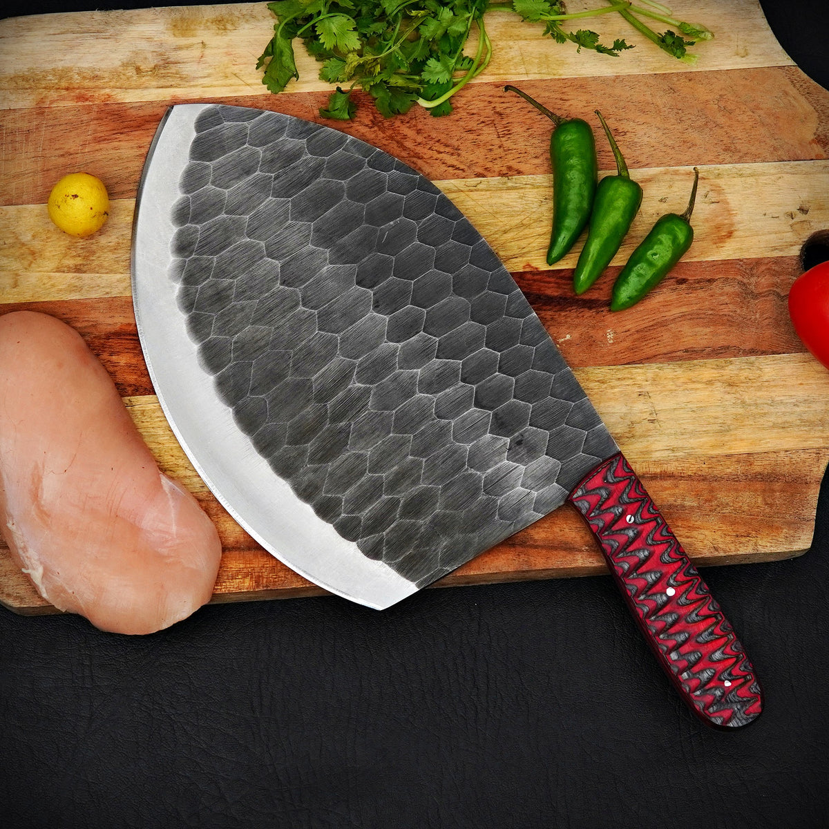 Handmade Damascus Steel Meat Cleaver Red Pattern Handle with Leather Sheath