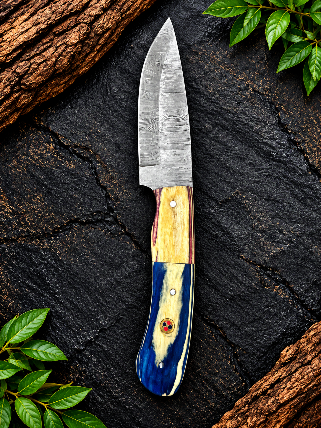 Handmade Damascus Steel 2 Pcs Fixed Blade Knife  Green & Red Colorful Handle – Unique Collector’s Knife & Gift