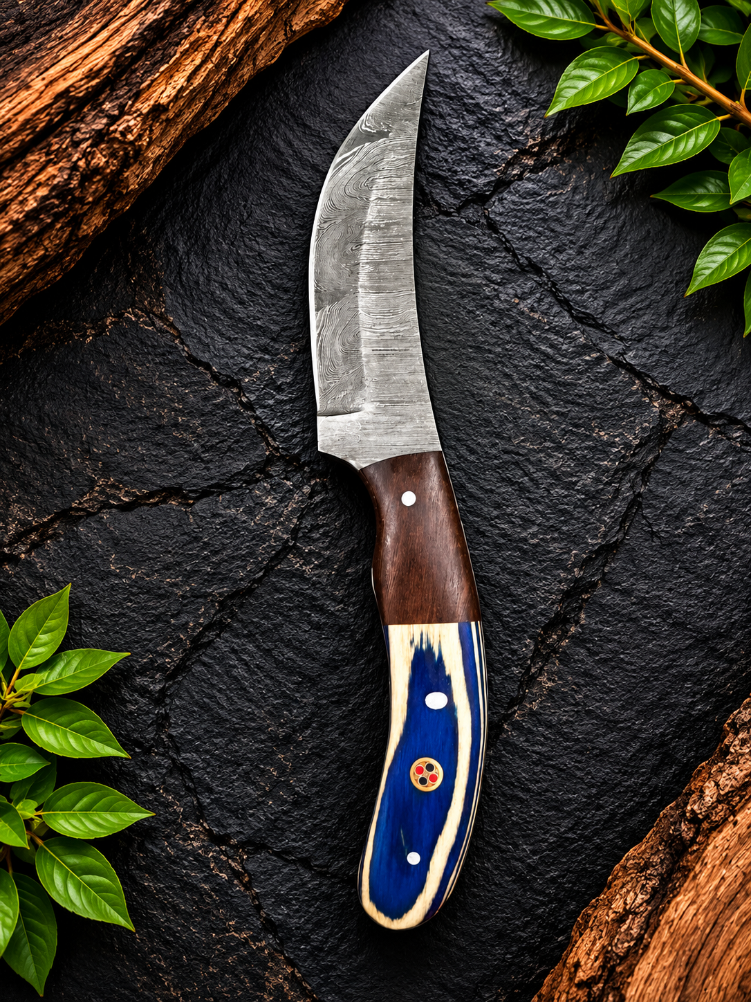 Handmade Damascus Steel 2 Pcs Fixed Blade Knife  Green & Red Colorful Handle – Unique Collector’s Knife & Gift