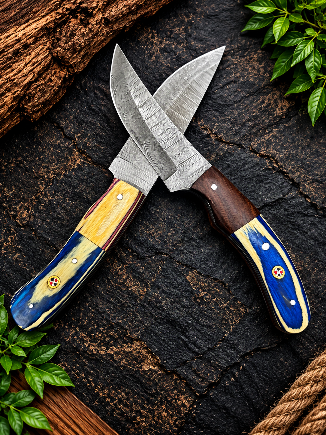 Handmade Damascus Steel 2 Pcs Fixed Blade Knife  Green & Red Colorful Handle – Unique Collector’s Knife & Gift