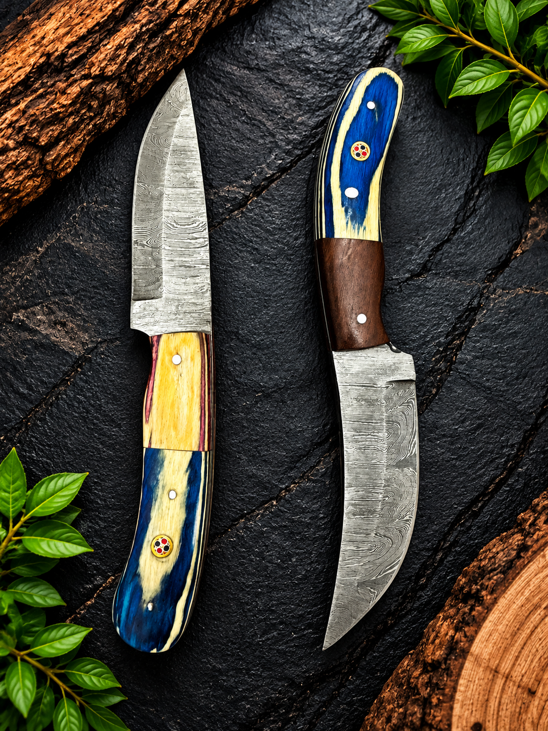 Handmade Damascus Steel 2 Pcs Fixed Blade Knife  Green & Red Colorful Handle – Unique Collector’s Knife & Gift