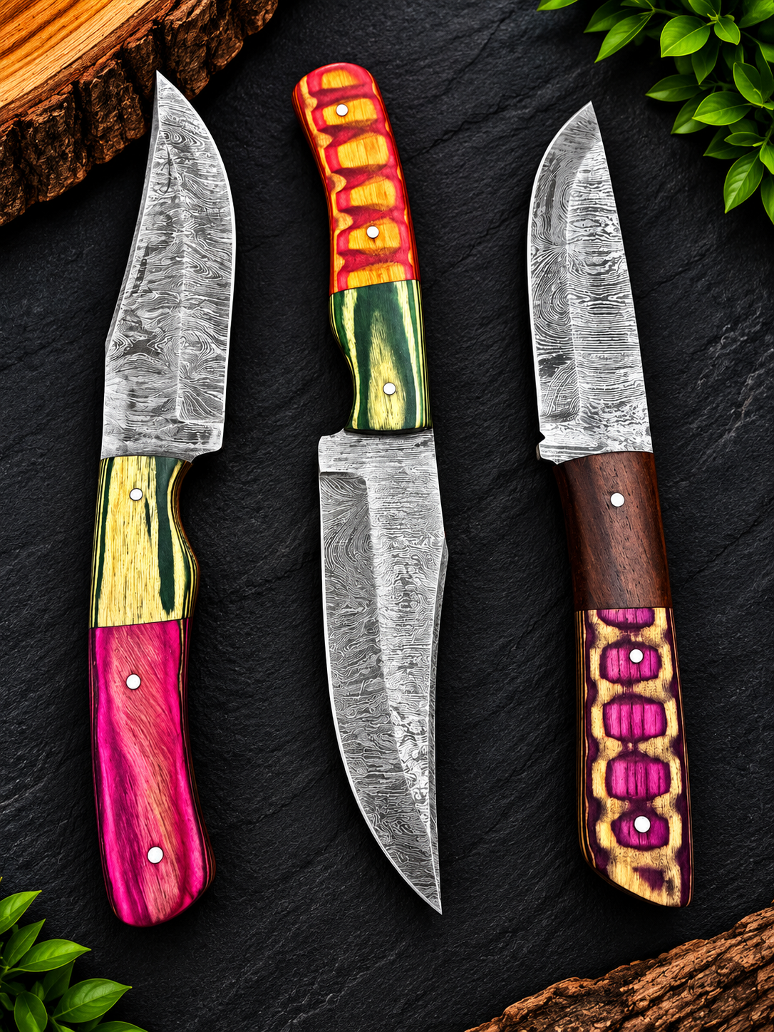 Handmade Damascus Steel Knife Collection Colorful Premium Handle Designs Without Sheath