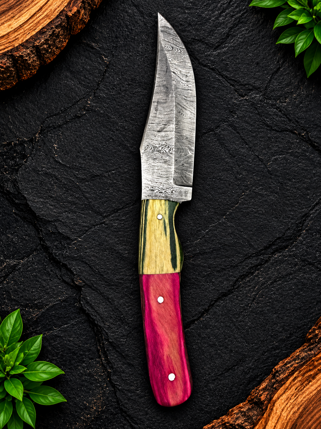 Handmade Damascus Steel Knife Collection Colorful Premium Handle Designs Without Sheath