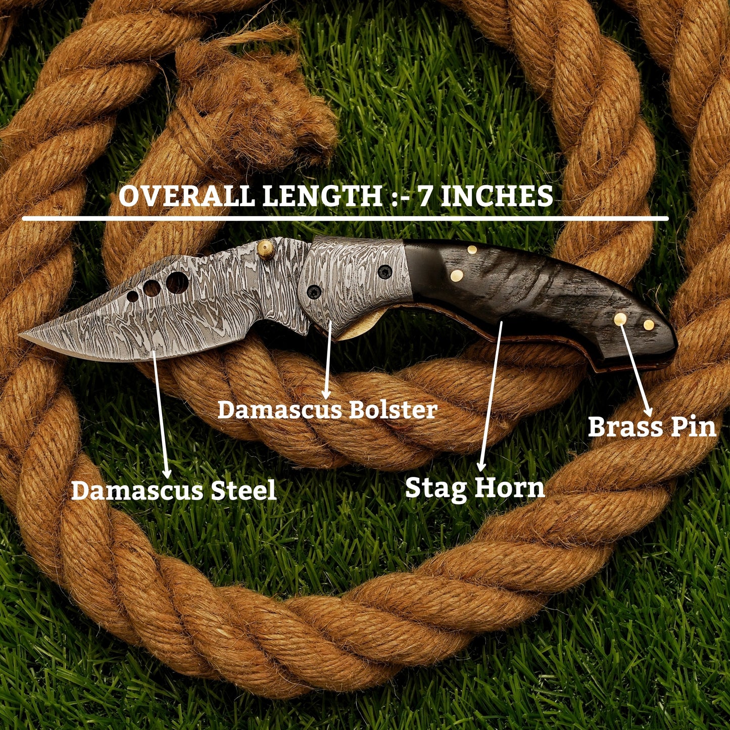 Damascus Steel Folding Pocket Knife – Stag Horn Bone Handle, Damascus Bolster Brass Pin on handle with Leather Sheath
