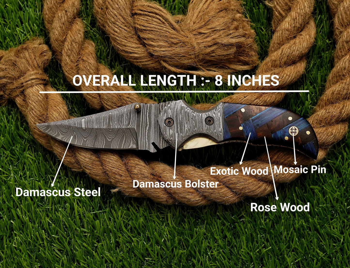 Custom Hand Forged Damascus Folding Knife Mosaic Pin Exotic Wood Handle - Damascus Bolster Exquisite Artistry - Damascus Kings