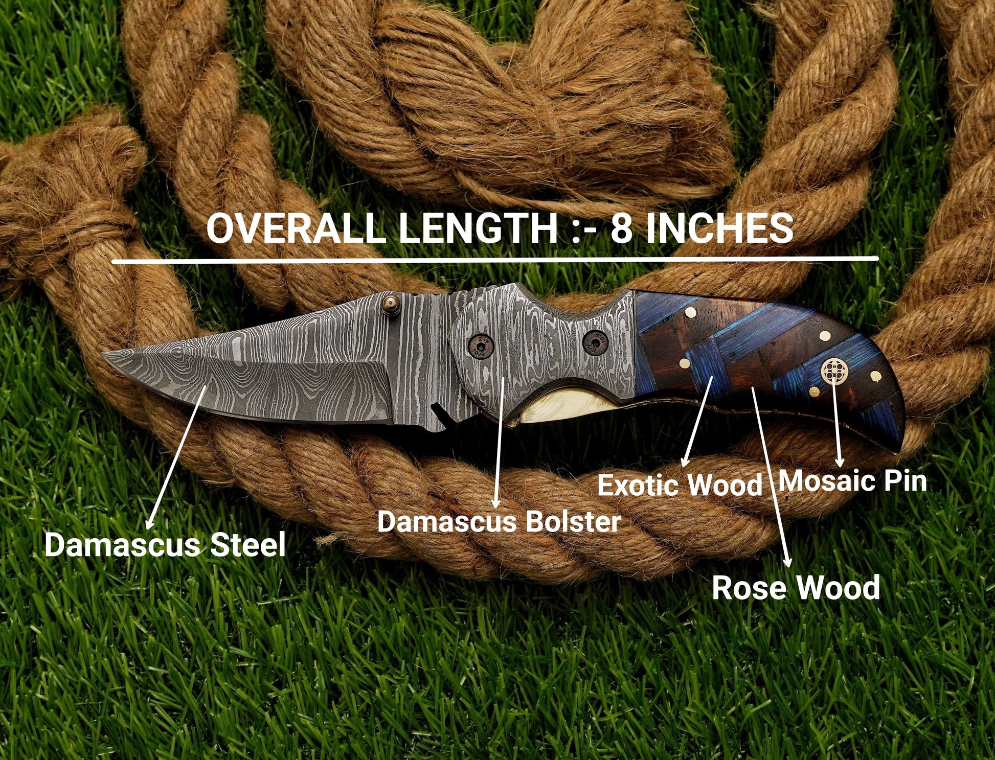 Custom Hand Forged Damascus Folding Knife Mosaic Pin Exotic Wood Handle - Damascus Bolster Exquisite Artistry - Damascus Kings