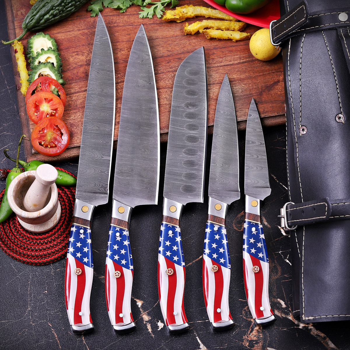 Damascus Chef Knife Set with American Flag Handles