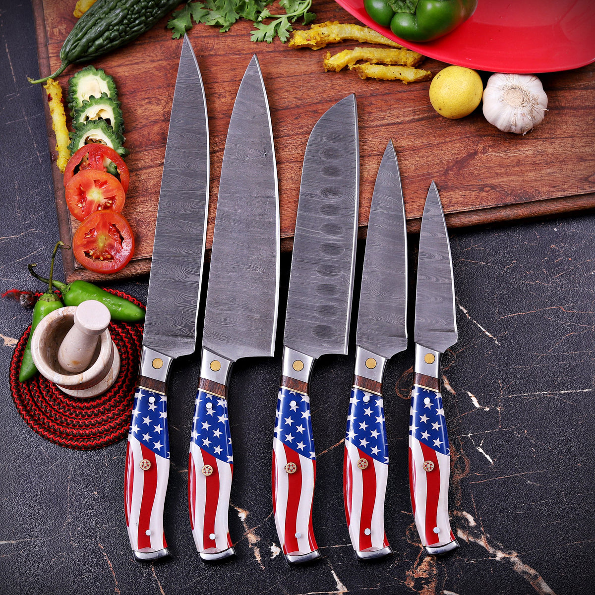 Damascus Chef Knife Set with American Flag Handles
